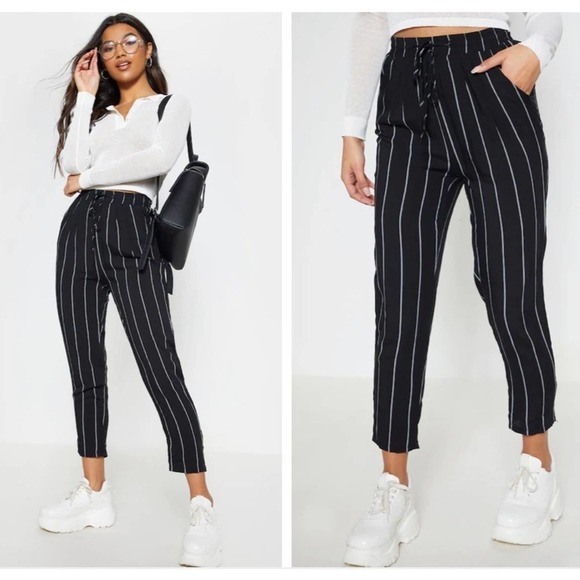 PRETTY LITTLE THING Diya Black Pin Stripe Casual Pants - Picture 1 of 5